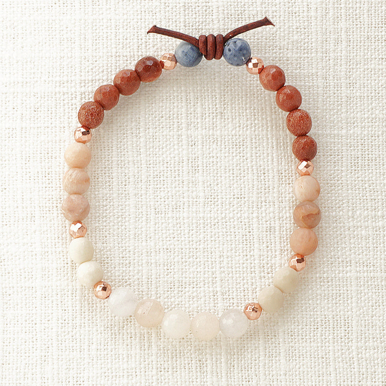 Wives of the Armed Forces Mini Bracelet, Collaboration With Wives of the Armed Forces, 6mm Gemstones, Pink Aventurine, Riverstone Jasper, Sunstone, Goldstone, Blue Coral, Rose Gold Accents, Leather Knot