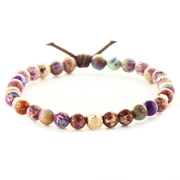 Affirmation Bracelet, 6 mm Gemstones, Leather Knot, Purple Impression Jasper Gemstones, Rose Gold Accents