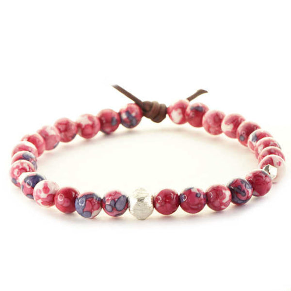 Affirmation Bracelet, 6 mm Gemstones, Leather Knot, Red Jade Gemstones, Silver Accents