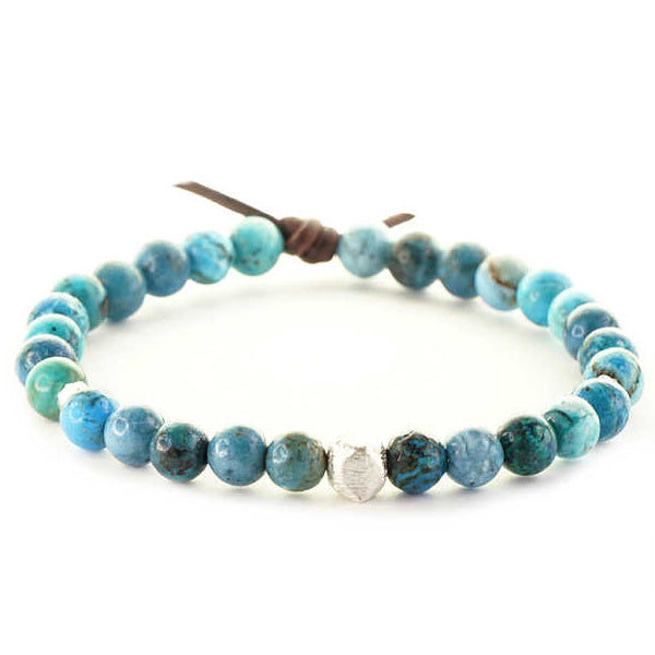 Affirmation Bracelet, 6 mm Gemstones, Leather Knot, Blue Azurite Gemstones, Silver Accents
