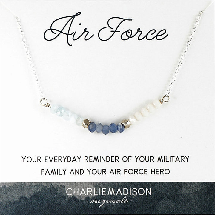 Air Force Necklace - A Tribute to Your Air Force Hero, 2 mm Glass Disc Beads, Aquamarine, Sodalite, Military Jewelry, Military Jewelry Air Force, Military Family Jewelry, Air Force Wife, Military Spouse 