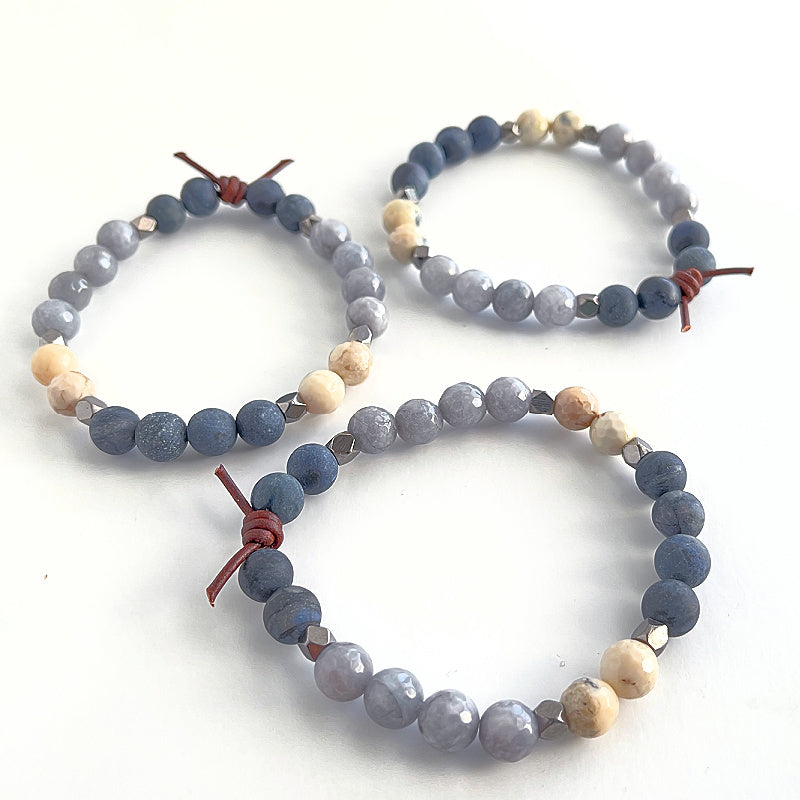 Be Present Bracelet Stack of Three, 8 mm Gemstones, Dumortierite, African Opal, and Jade, Leather Knot, Meaningful Jewelry, Midnight Blue 