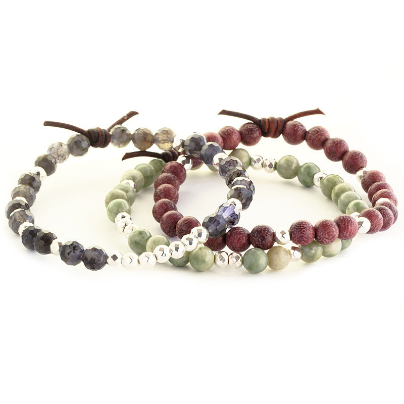 Stack Your Blessings Mini Bracelet Stack in Iolite & Jade, 6mm Gemstones, Iolite, Apple Green Jade, Wood Beads, Silver Accents, Leather Knot