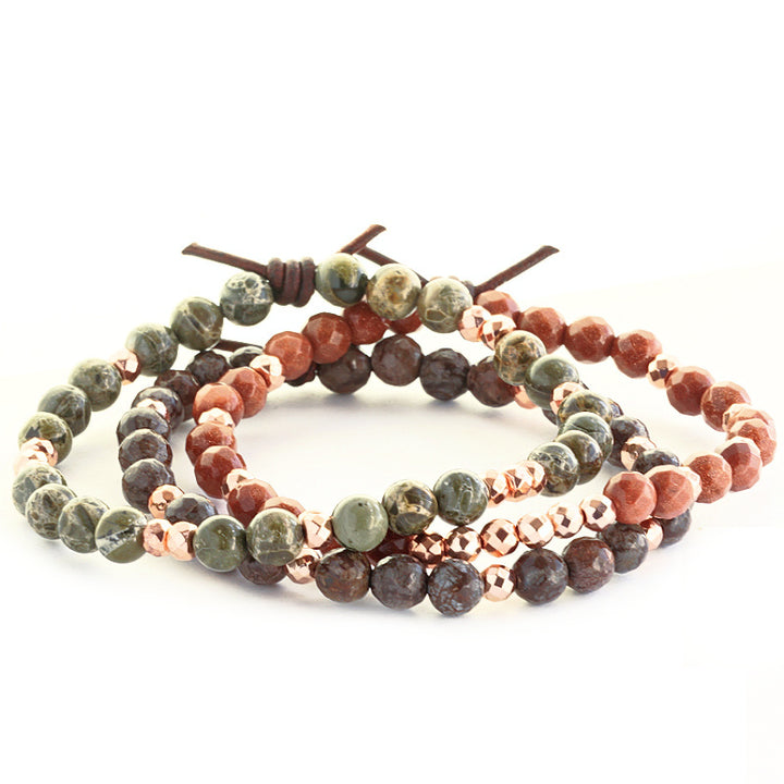 Stack Your Blessings Mini Bracelet Stack in Goldstone & Jasper, 6mm Gemstones, Goldstone, Green Brecciated Jasper, Snowflake Jasper, Rose Gold Accents, Leather Knot