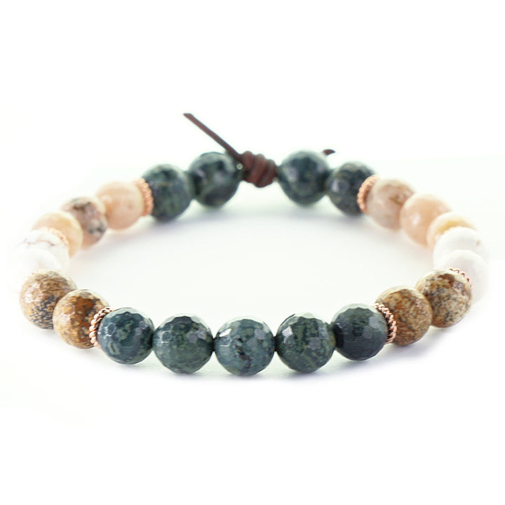 “I See You” Bracelet, A Club Chat Fort Bliss Collaboration, 8mm Gemstones, Kambaba Jasper, Picture Jasper, Magnesite, Sunstone, Rose Gold Accents, Leather Knot