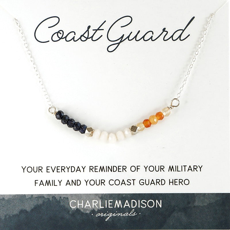 Coast Guard Necklace - A Tribute to Your Coast Guard Hero, 2 mm Blue Goldstone, Carnelian, White Glass Discs, Military Jewelry, Military Jewelry Coast Guard, Military Family Jewelry, Military Spouse Jewelry