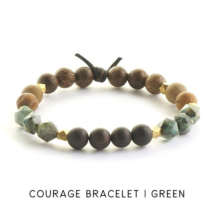 Courage Bracelet, 8mm Gemstones, African Turquoise, Wood Jasper, Sennawood, Ebonywood, Gold Accents, Leather Knot, Military Tribute Bracelet, Honor the Troops, Deployment, Military Jewelry