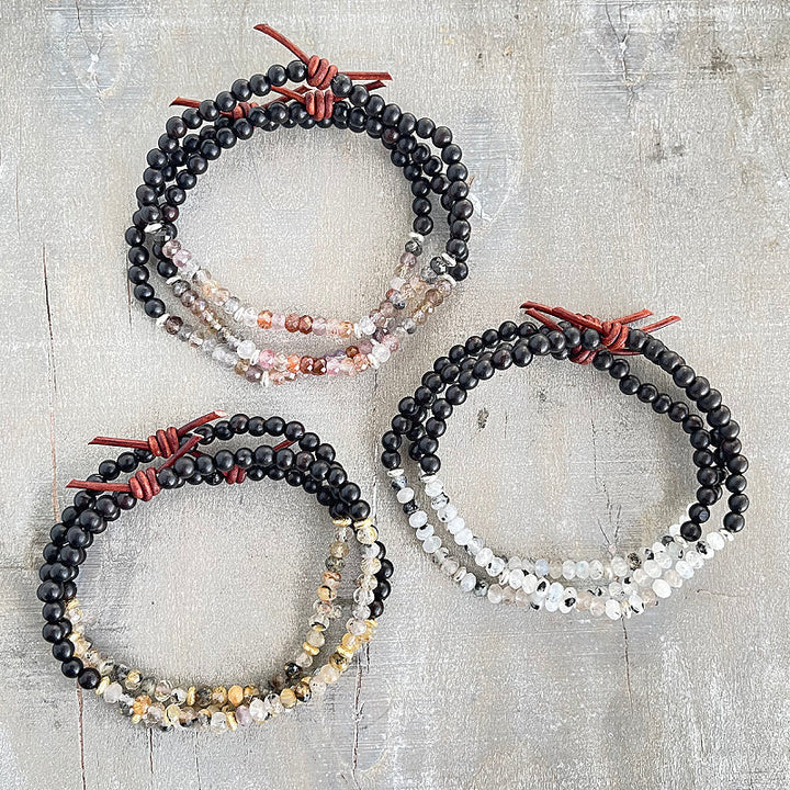 Dream Big Bracelets on Wood, Auralite 23 Cacoxenite, Golden Rutile Quartz, Rainbow Moonstone, Meaningful Jewelry, Believe In Your Dreams, Turn Dreams Into Reality, Essential Oil Diffuser Bracelet