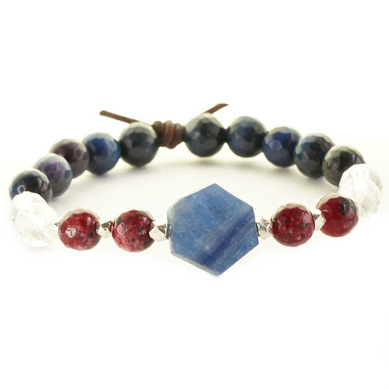 Got Your Six Bracelet, 8mm Gemstones, Blue Tiger's Eye, Clear Quartz, Spotted Red Jade, Blue Kyanite, Silver, Leather Knot