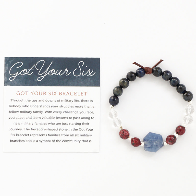 Got Your Six Bracelet with Meaning Card - The hexagon-shaped stone in the Got Your Six Bracelet represents families from all six military branches and is a symbol of the community that is united in service and filled with others that will support you when you need it most. Wear this bracelet as an everyday reminder that when you embrace the adventure of military family life, there is always someone to help without question and understand without explanation.