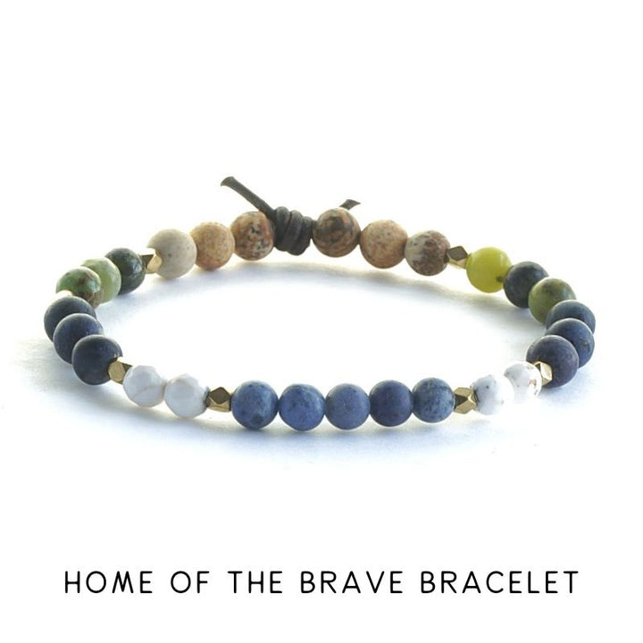 Home of The Brave Bracelet, 6mm Gemstones, Dumortierite, Picture Jasper, Magnesite, Green Opal, Gold Accents, Leather Knot, Military Tribute Bracelet, Military Jewelry