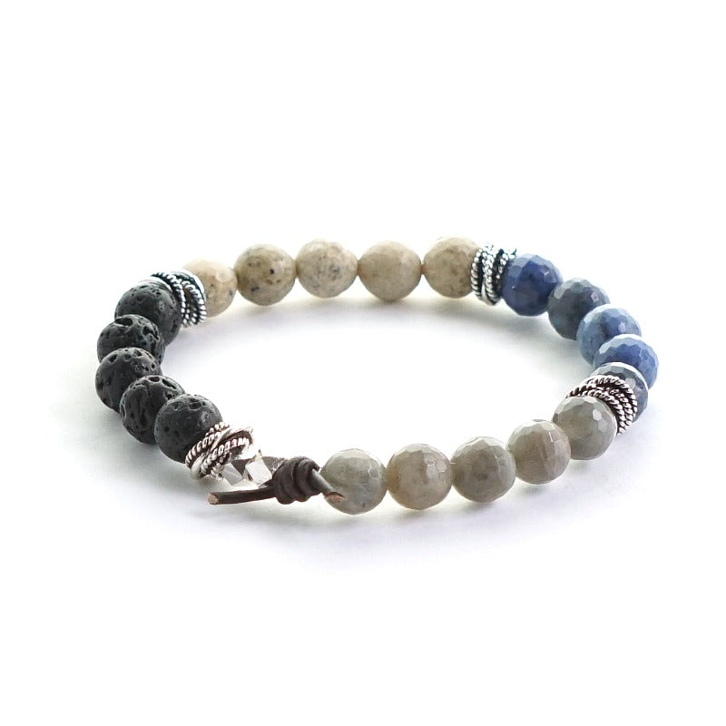 Honor Bracelet, 8mm Gemstones, Dumortierite, African Opal, Labradorite, Lava, Silver, Leather Knot