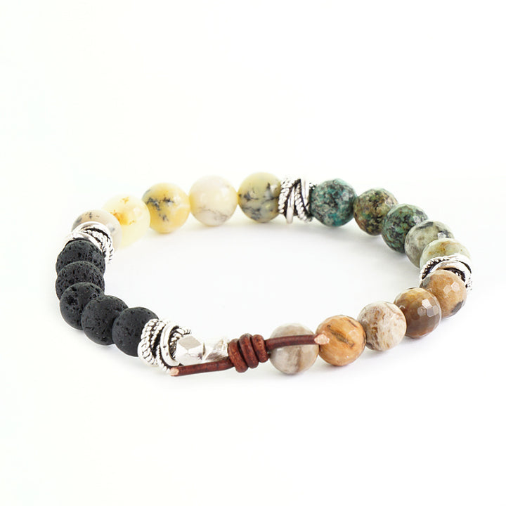 Honor Bracelet, 8mm Gemstones, African Turquoise, African Opal, Brazil Petrified Wood Agate, Lava, Silver, Leather Knot