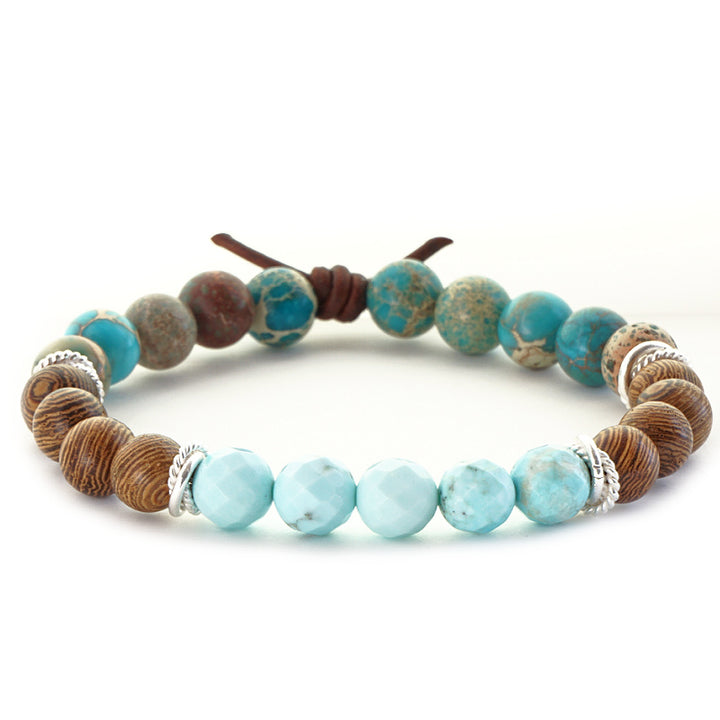 Hope Bracelet, 8mm Gemstones, Turquoise, Sea Sediment Jasper, Sennawood, Silver, Leather Knot