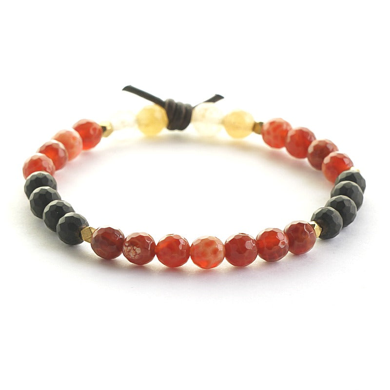 In My Heart Marine Corps Bracelet, 6mm Gemstones, Fire Agate, Black Onyx, Yellow Jade, Gold, Leather Knot