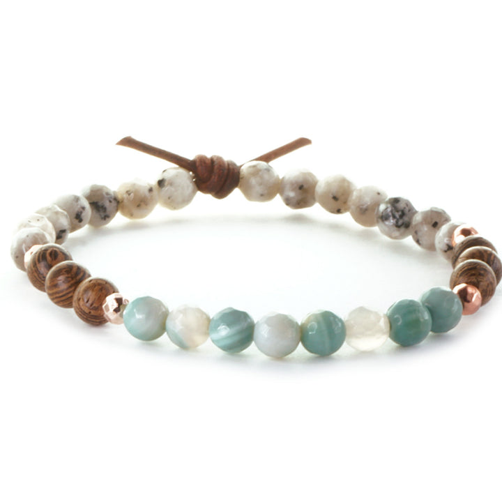Live Simply Mini Bracelet, 6mm Gemstones, Aqua Agate, Gray Spotted Jasper, Sennawood, Silver Accents, Leather Knot