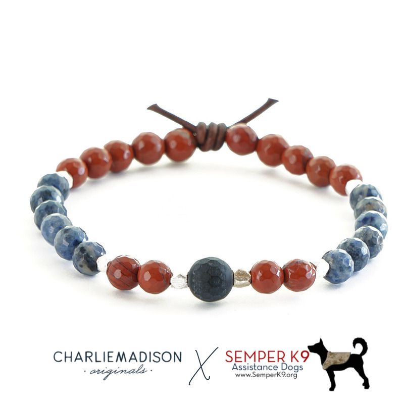 Man’s Best Friend Mini Bracelet, Collaboration with Semper K9, 6mm Gemstones, Dumortierite, Red Jasper, Black Onyx, Silver Accents, Leather Knot