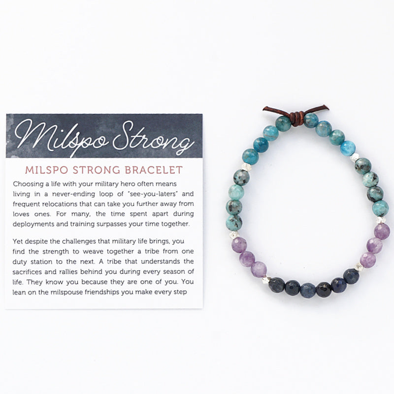 Milspo Strong Mini Bracelet with Meaning Card - Wear this bracelet as your everyday reminder that you are not alone on this journey. The common threads that weave through your life stories give you the courage to face the next chapter of your military family journey. Your milspouse tribe stands with you, helping you to dig deep and embrace change – they are your source of strength. You’re not just strong – you’re Milspo Strong!