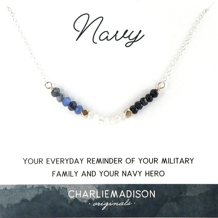 Navy Necklace - A Tribute to Your Navy Hero, 2 mm Sodalite, Moonstone, Blue Goldstone Discs, Military Jewelry, Military Jewelry Navy, Military Family Jewelry, Military Spouse Jewelry