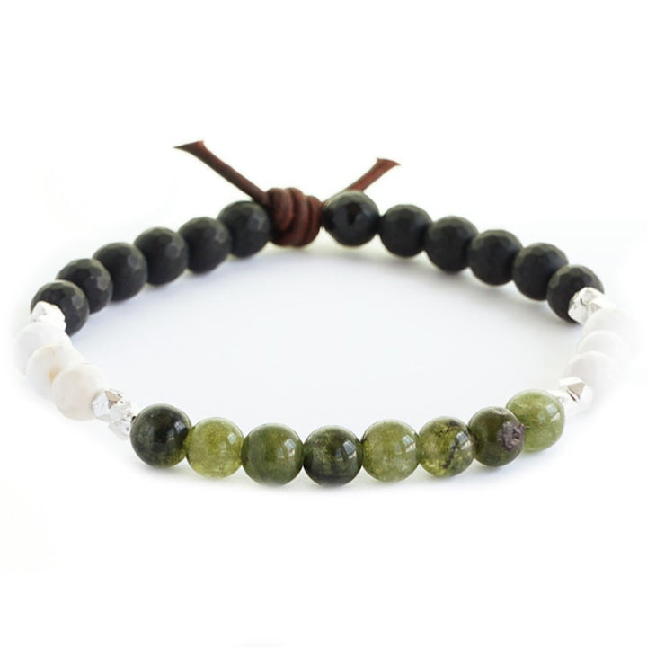 Never Walk Alone Mini Bracelet, Collaboration with Got Your Six Support Dogs, 6mm Gemstones, Black Onyx, Military Green Jade, Magnesite, Silver Accents, Leather Knot