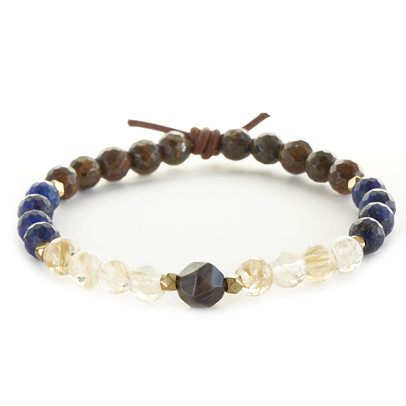 One Day Closer Mini Bracelet, 6mm Gemstones, Champagne Quartz, Lapis Lazuli, Bronzite, Coffee Jasper, Gold Accents, Leather Knot