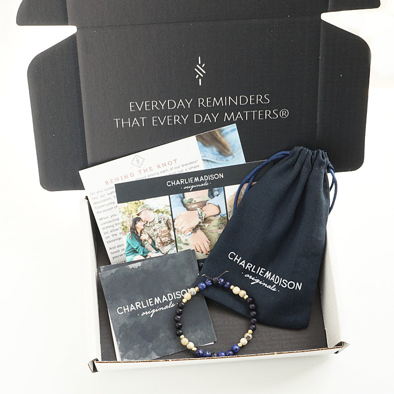 Product Packaging, Meaning Cards, Blue Linen Bag, Everyday Reminders That Every Day Matters, Behind the Knot, Charliemadison Originals Branding, 5% of every sale is donated to organizations that support military service members and their families.