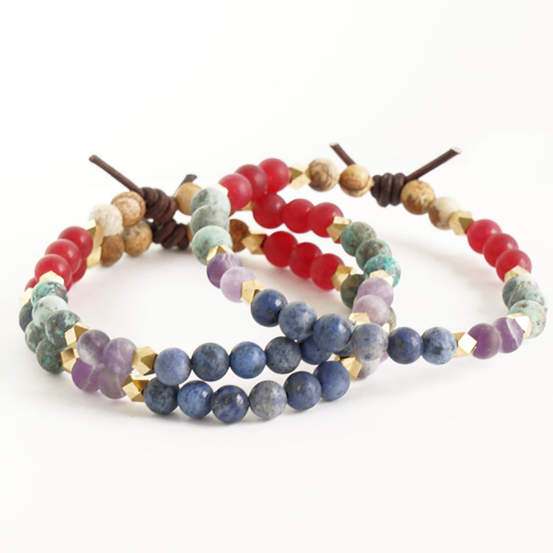 Discovering Your Spark Mini Bracelet Stack of Three, 6mm Gemstones, African Turquoise, Sage Amethyst, Dumortierite, Picture Jasper, Cherry Jade, Leather Knot