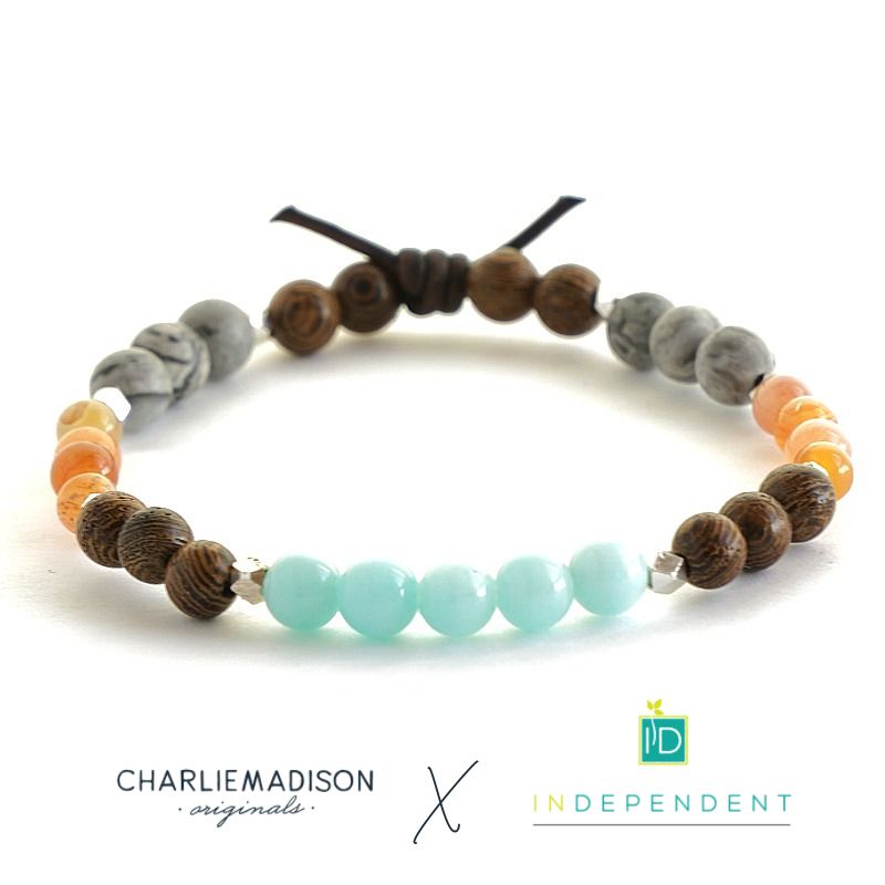 Strength Mini Bracelet, InDependent, 6mm Gemstones, Amazonite Jade, Botswana Agate, Gray Jasper, Silver Accents, Leather Knot