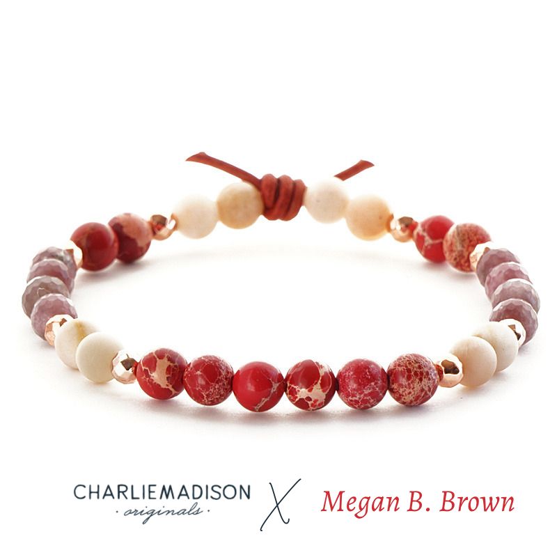 Summoned Mini Bracelet, Collaboration with Megan Brown, Publication of Book "Summoned: Answering a Call to the Impossible", 6mm Gemstones, Red Impression Jasper, Sunstone, Lepidolite, Rose Gold Accents, Leather Knot