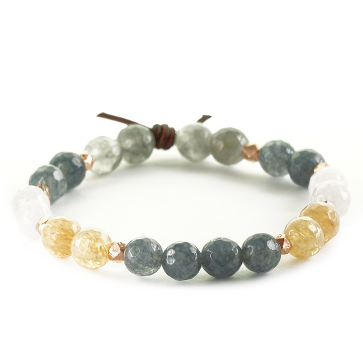 Thank You Bracelet Denim, 8mm Gemstones, Champagne Quartz, Silver Quartz, Gray Jade, Denim Blue Jade, Rose Gold Accents, Leather Knot