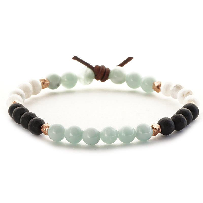 Until We Meet Again Angelite Mini Bracelet, 6mm Gemstones, Black Onyx, Moonstone, Angelite, Rose Gold Accents, Leather Knot